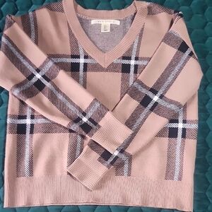 Max Studio Plaid V-Neck Sweater in Camel and Black